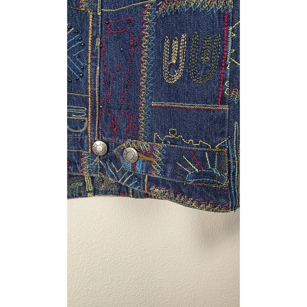 Chicos Design Jean Jacket Womens Sz 2 Blue Embroidered Beaded Denim Tribal Boho‎